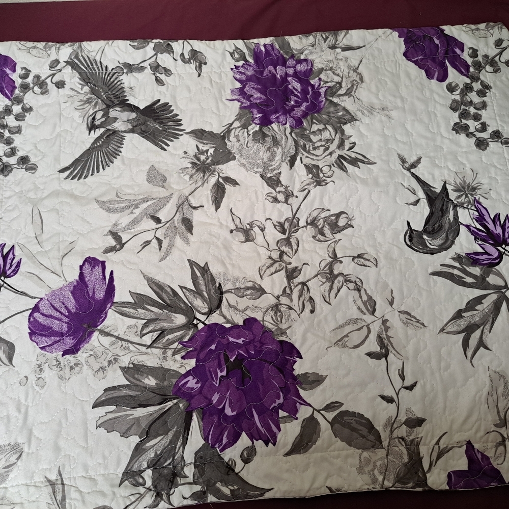 Purple and Gray flowers with birds standard size pillow sham